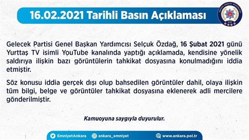 Ankara Emniyet Müdürlüğü'nden Selçuk Özdağ'ın Açıklamalarına Yalanlama