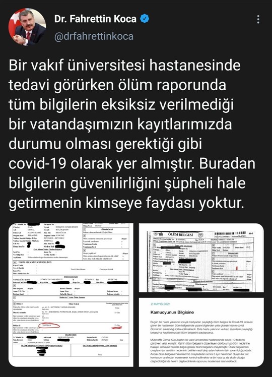 Koca'dan Covid-19 kaynaklı ölümün saklandığına dair açıklama