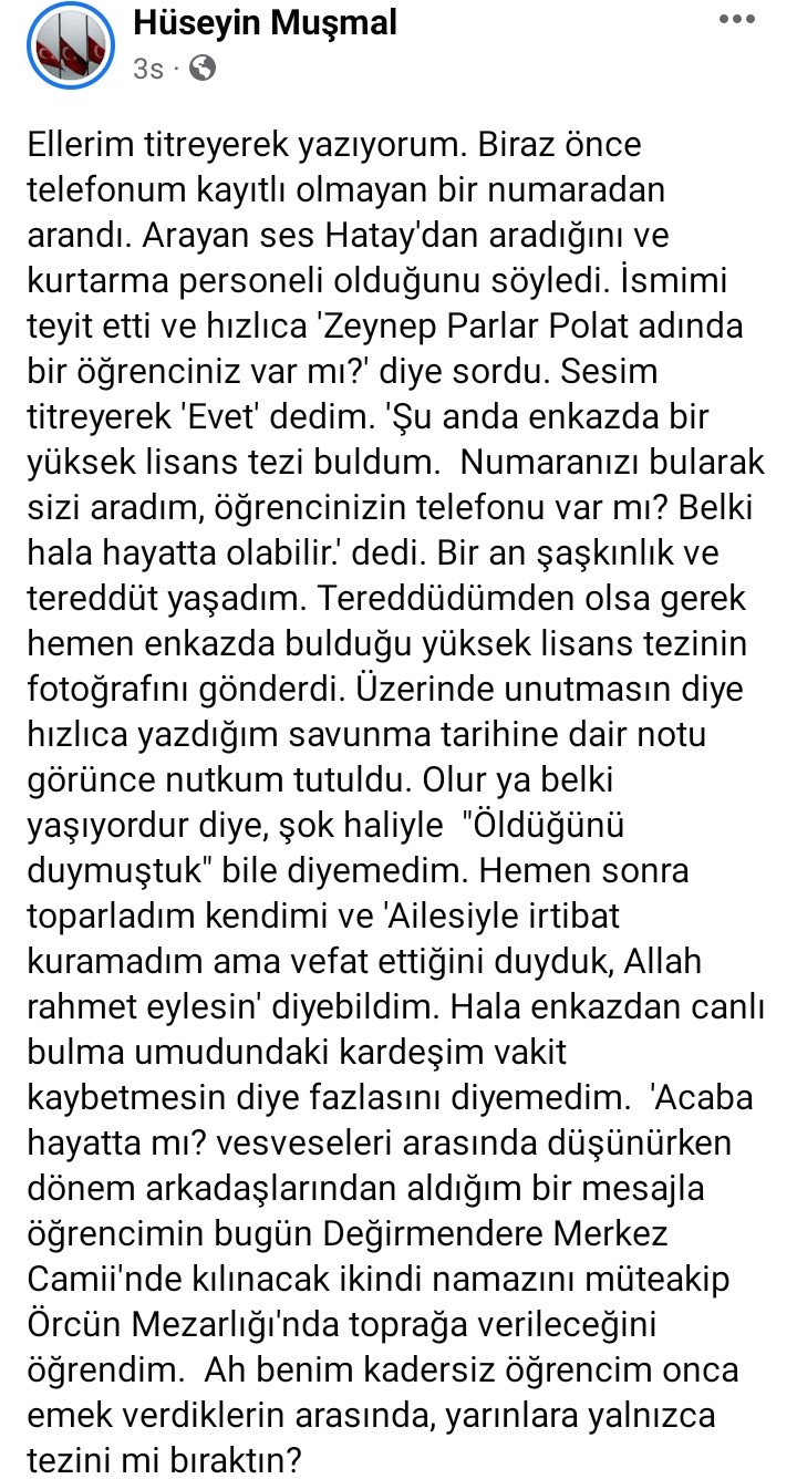Enkazdan çıkan yüksek lisans tezi, hocasını duygulandırdı Enkazdan çıkan yüksek lisans tezi, hocasını duygulandırdı