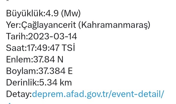 Kahramanmaraş'ta 4.9 büyüklüğünde deprem Kahramanmaraş'ta 4.9 büyüklüğünde deprem