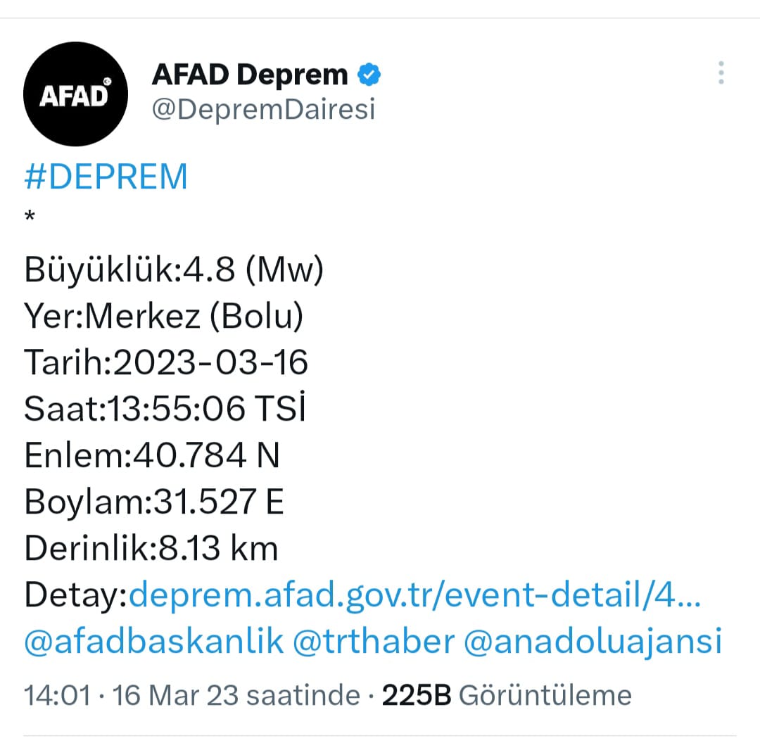 Bolu da 4.8 büyüklüğünde deprem