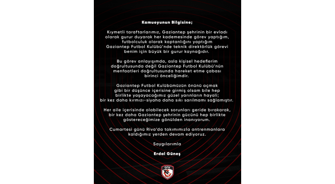 Gaziantep FK ’dan Erdal Güneş açıklaması Gaziantep FK ’dan Erdal Güneş açıklaması
