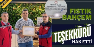 Gaziantep Tarım ve Orman Müdürlüğü'nden Fıstık Bahçem'e teşekkür belgesi