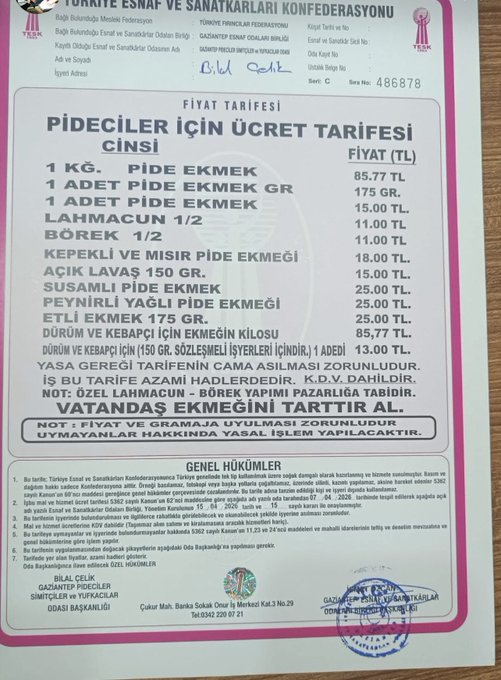 Gaziantep'te Ekmek ve Pide Fiyatları Belli Oldu
