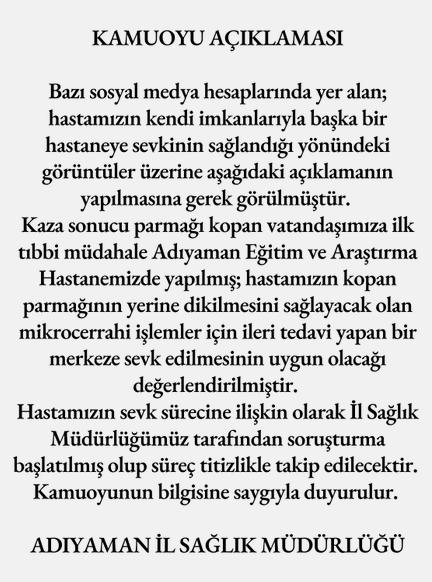 Adıyaman İl Sağlık Müdürlüğü’nden ‘Kopan Parmak’ İddialarına İlişkin Açıklama