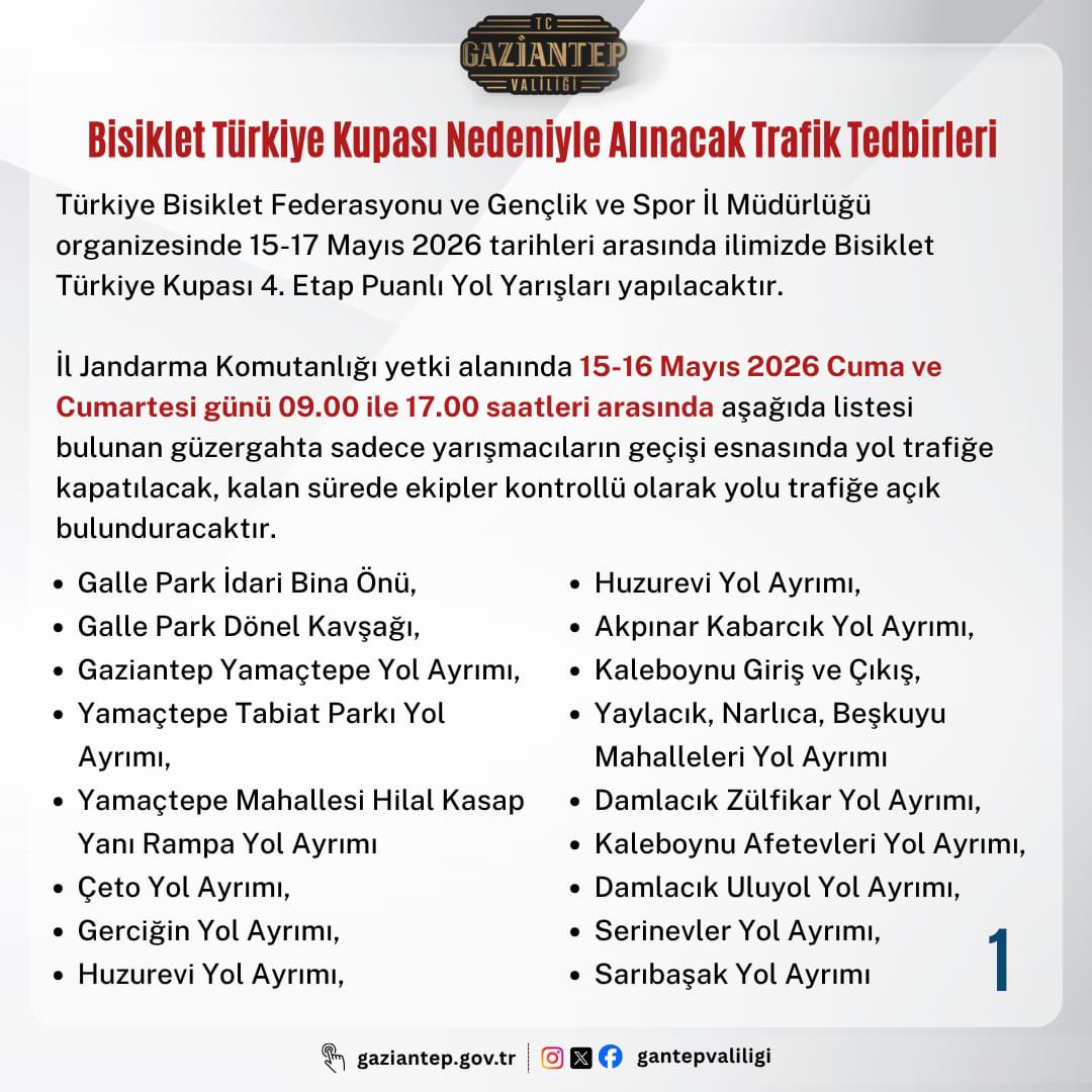 Gaziantep’te Bisiklet Türkiye Kupası Heyecanı: Birçok Yol Trafiğe Kapatılacak