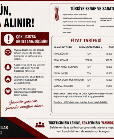Gaziantep’te Yakacak Ürünlerinde Yeni Fiyat Tarifesi Açıklandı