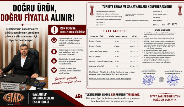 Gaziantep’te Yakacak Ürünlerinde Yeni Fiyat Tarifesi Açıklandı