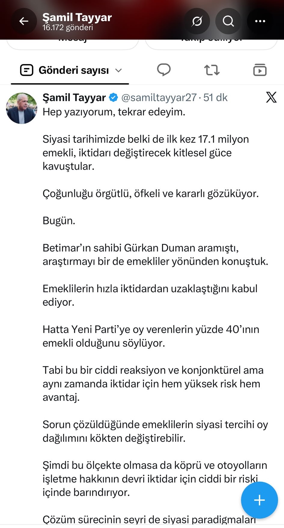 Şamil Tayyar: 17,1 Milyon Emekli İktidarı Değiştirecek Kitlesel Güce Ulaştı Şamil Tayyar: 17,1 Milyon Emekli İktidarı Değiştirecek Kitlesel Güce Ulaştı